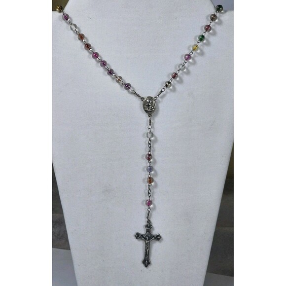 Handmade Rosary Made in Jerusalem Multicolor Glass Beads Silver Tone Crucifix - Picture 2 of 8